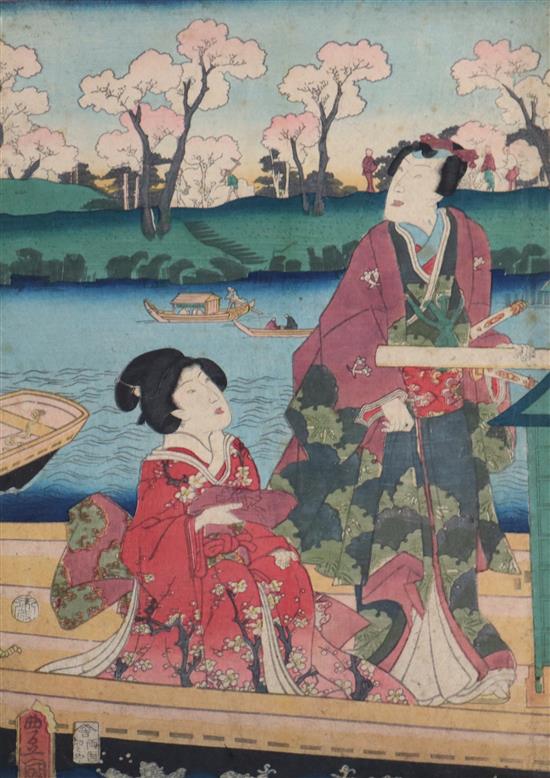 Japanese School, woodblock print, Geisha beside a river, 34 x 24cm and three other similar prints, two unframed